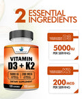 American Standard Supplements Vitamin D3 K2 (MK-7), Vitamin D3 (5000IU) + K2 (MK-7) 200mcg w/ Organic Coconut Oil 120 Veggie Capsules