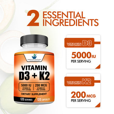 American Standard Supplements Vitamin D3 K2 (MK-7), Vitamin D3 (5000IU) + K2 (MK-7) 200mcg w/ Organic Coconut Oil 120 Veggie Capsules