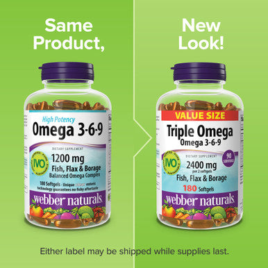 Webber Naturals Triple Omega 3-6-9, 2400 mg Fish Oil Per Serving, High Potency, 180 Softgels, No Fishy Aftertaste, Ultra-Purified, for Heart, Brain and Cardiovascular Health, Shellfish-Free