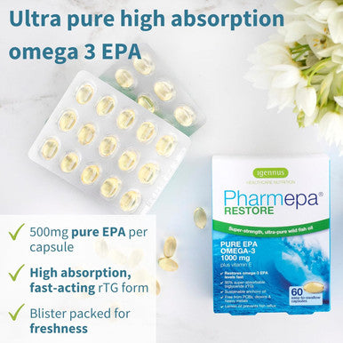 Pharmepa Restore, 1000Mg Pure Epa Triglyceride Form Omega-3 Fish Oil, Highly Absorbable Rtg Form, 90% Concentration, Wild & Sustainable, Lemon Flavour, 60 Softgels, By Igennus