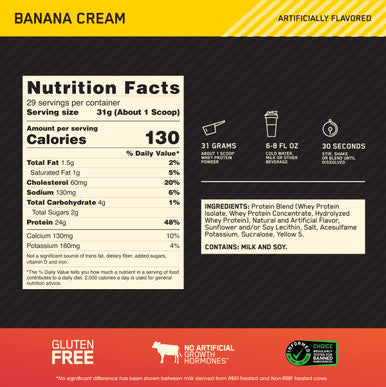Optimum Nutrition Gold Standard 100% Whey Protein Isolate Powder Banana Cream 2 Lb 28 Servings