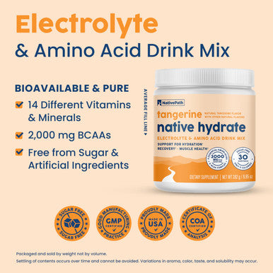 NativePath Native Hydrate Zero Sugar Electrolytes Powder with BCAAs Tangerine Hydration Keto & Paleo Friendly 30 Servings