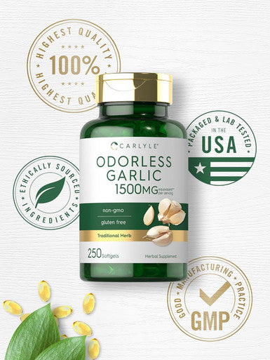 Carlyle Odorless Garlic Softgels 1500mg | 250 Count | Non-GMO Gluten Extract Supplement