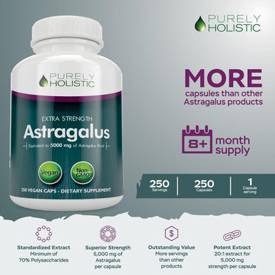 Purely Holistic Astragalus Capsules 5,000 Mg - 250 Capsules, 8+ Month Supply - Superior Strength Astragalus Root Extract 20:1 - Non Gmo, Vegetarian & Vegan Friendly - Supports The Immune System & Cardiovascular