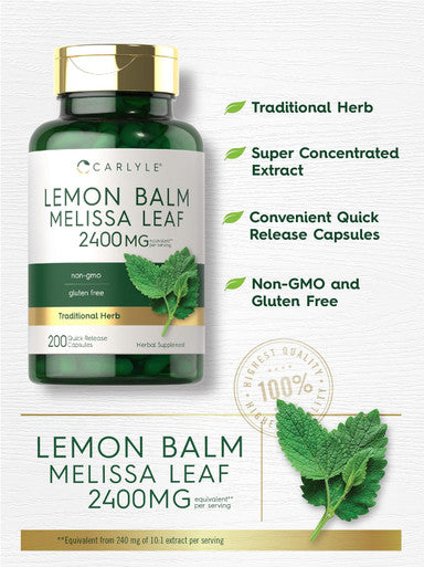 Carlyle Lemon Balm Capsules | 200 Count | Non-GMO and Gluten Formula | Melissa Leaf Traditional Herbal Supplement | Super Concentrated Extract