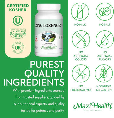 Maxi-Health Zinc Lozenges - Zinc Citrate 10Mg - With Vitamin C - Cherry Flavor - 60 Chewables - Kosher