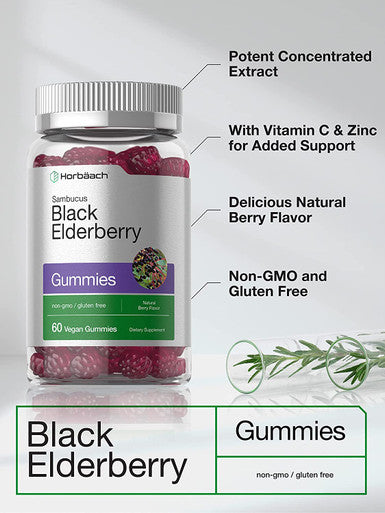 Sambucus Black Elderberry Gummies | 60 Count | with Zinc and Vitamin C | Vegan, Non-GMO, Gluten Free Extract for Adults | Natural Berry Flavor | by Horbaach
