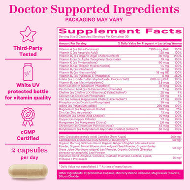 Pink Stork Premium Prenatal Vitamin for Women - Organic Whole-Food Ingredients Multivitamin & Probiotics - Morning Sickness Digestion & Energy - Folate B6 & Iron - 60 Capsules