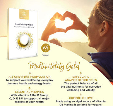 Healthspan Multivitamin Gold (180 Tablets) A-Z Formulation Wellbeing and Immune Support Algal Source Vitamin D3 Vitamins A, B, C, D, E and K Calcium Iron Magnesium Selenium and Zinc Vegan