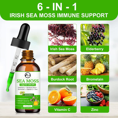 Sea Moss Liquid Drops - Irish Sea Moss 2000Mg With Elderberry, Burdock Root, Bromelain, Vitamin C And Zinc - 98 Essential Minerals Seamoss Supplement For Immune, Joint, Digestion, Aging Support - 2Oz