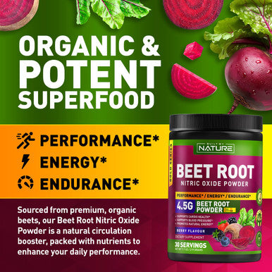 Built Nature Beet Root Nitric Oxide Powder Supplement - Organic Beetroot Super Food Performance Booster For Circulation, Energy, Stamina, Blood Flow And Heart Health - Vegan, Non-Gmo - Berry Flavor - 30 Servings