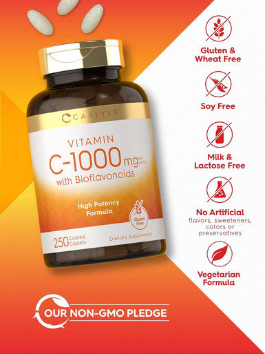 Carlyle Vitamin C 1000mg with Bioflavonoids | 250 Caplets | with Rose HIPS | Vegetarian Non-GMO Gluten