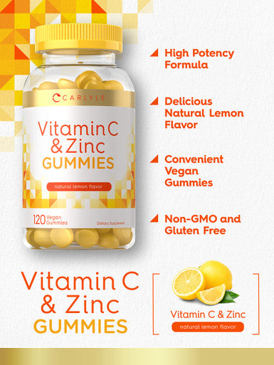 Carlyle Vitamin C And Zinc Gummies | 120 Count | Vegan, Non-Gmo, And Gluten Free Supplement | Natural Lemon Flavor