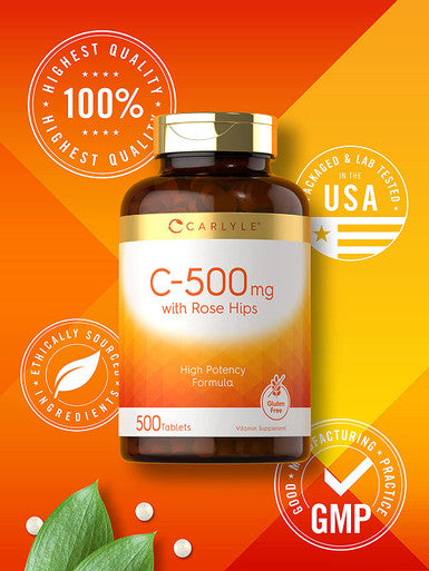 Carlyle Vitamin C With Rose Hips 500Mg | 500 Tablets | High Potency Formula | Vegetarian, Non-Gmo And Gluten Free Supplement
