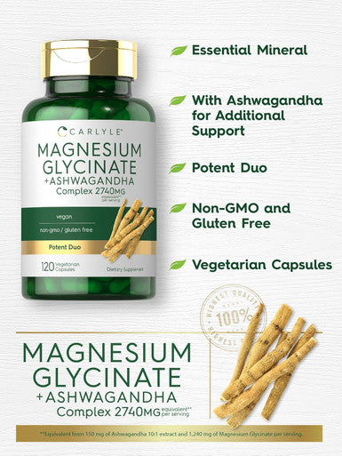 Carlyle Magnesium Glycinate with Ashwagandha | 2740mg Complex | 120 Vegetarian Capsules | Potent Duo | Non-GMO and Gluten Supplement