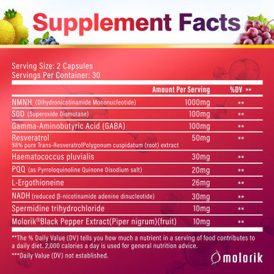 molorik NMNH Dihydronicotinamide Mononucleotide 1000mg Per Serving NAD High Purity Supplement Alternative 120 Capsules Gluten Free Non GMO for Anti Aging Energy Focus 60 Servings