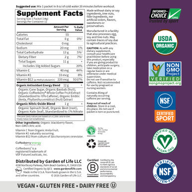 Garden of Life Sport Organic Plant Based Pre Workout Powder Packets Blackberry Flavor 12Ct Tray