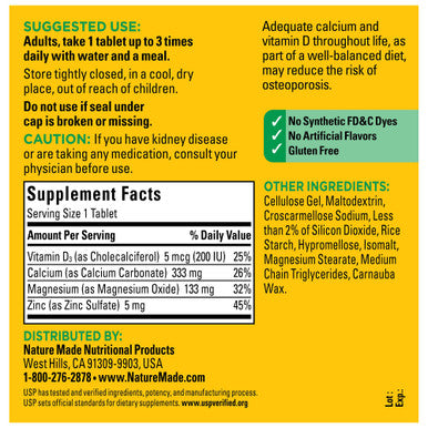 Nature Made Calcium Magnesium Zinc with Vitamin D3, Dietary Calcium Supplement for Bone Support, 300 Tablets