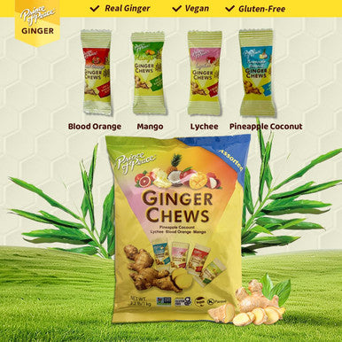 Prince Of Peace Ginger Chews Assorted Flavors (Mango Blood Orange Pineapple Coconut Lychee) Candied Ginger Candy Pack Ginger Chews Candy - Gluten Individually Wrapped Healthy Candy 2.2Lb/1Kg