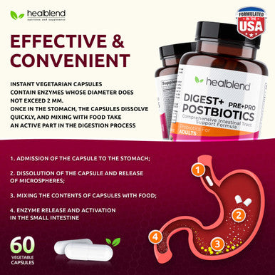 healblend Digest + Postbiotics Supplement for Women and Men Multi Enzymes Organic Prebiotic & Probiotic for Digestive Health with Bromeline Papin and Lipase Non-GMO Gluten-Free 60 Vegetarian Caps