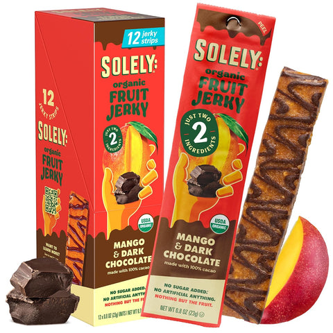Solely - Organic Mango Fruit Jerky - 12 Individually Wrapped Fruit Strips - Fruit Leather Made from Dried Fruits - Healthy Snacks, Vegan - 0.8oz (23g)