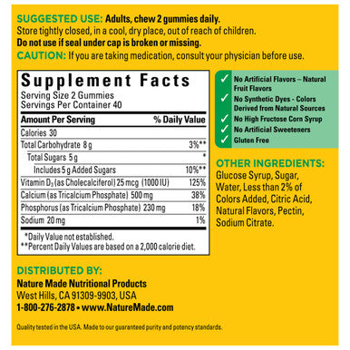 Nature Made Calcium Gummies 500 Mg Per Serving With Vitamin D3 Dietary Supplement For Bone Support 80 Gummies 40 Day Supply