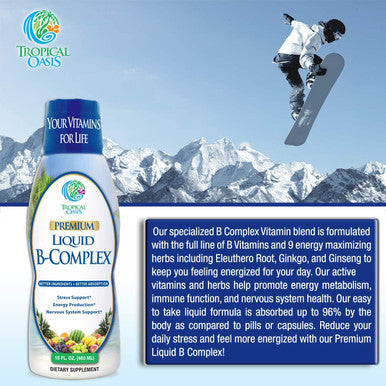 Premium Liquid B Complex Vitamin- Fast Absorbing Liquid B-Complex Supplement w/ all 8 B-vitamins, PLUS energizing herbal blend w/ Ginseng, Ginkgo, and Eleuthero Root - Vegan, NON-GMO - 16oz, 32 Serv
