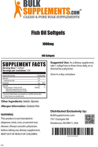BulkSupplements Fish Oil 1000mg Softgels - Fish Oil Supplement - Fish Oil Omega 3 Supplement - Fish Oil Pills - 1 Fish Oil Softgels (1000mg) - 100-Day Supply (100 Softgels)