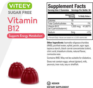 Vitamin B12 Gummies For Adults & Teens 1000Mcg, Sugar - Good For Energy, Metabolism, Natural Energy Support - Vegan, Gelatin Free, Gluten Free, Gmo - Tasty Chewable Strawberry Flavored Gummy