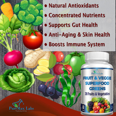 YUMMYVITE Fruit And Veggie Superfood Greens - 28 Fruits And Vegetables Incl. Alfalfa, Barley Grass, Spirulina, Beet Root, Tart Cherry, Concentrated Natural Antioxidants- 60 Tablets