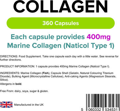 Lindens Collagen (Marine) 400mg Capsules 360 Pack - UK Manufacturer, Letterbox Friendly