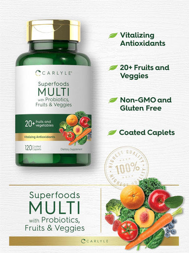 Carlyle Fruits And Veggies Supplement 120 Count Superfood Multivitamin With Probiotics Made With 20 Fruits And Vegetables Non-Gmo & Gluten Free