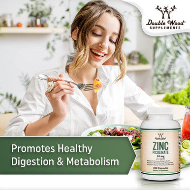 Zinc Picolinate 50mg 300 Capsules Immune Support for Kids and Adults NonGMO Gluten Manufactured in The USA 300 Day Supply by Double Wood Supplements