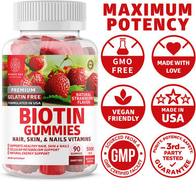 N1N Premium Biotin Gummies 5000mcg High Potency 90 Gummies for Healthy Hair Skin and Nails for Adults and Kids Vegan NonGMO Pectin Based