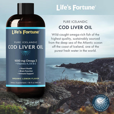 Life's Fortune Organic Cod Liver Oil Liquid Lemon Flavor Supplement - High Potency Fish Oil Omega 3 DHA & EPA, Vitamin A E & D3 - Immune Health Joints GMO Free 1000 mg (16 Oz)