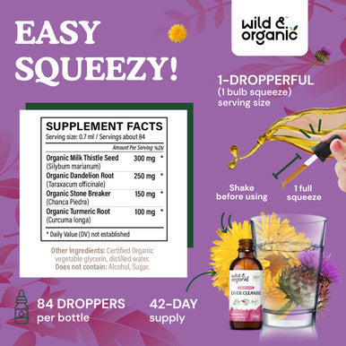 Wild & Organic Liver Cleanse Tincture - Liver Detox Formula with Milk Thistle Dandelion Root Chanca Piedra Stone Breaker Extract - Herbal Supplement - Vegan Sugar & Alcohol-Free Liquid Drops - 2 oz