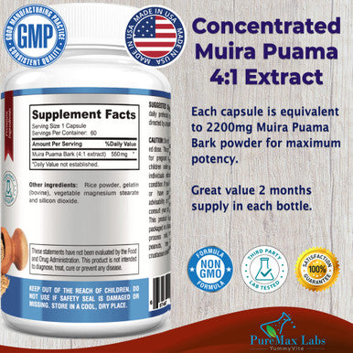 YUMMYVITE Muira Puama Capsules - Concentrated 4:1 Extract, Equivalent To 2200Mg Per Capsule, 60 Capsules