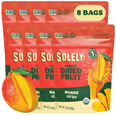 SOLELY - Organic Dried Mango Strips (5 oz Resealable Bags, Pack of 6) - Real Fresh Fruit - 1 Ingredient - Healthy Snacks for Adults & Kids - Non GMO, Vegan Snacks, Shelf Stable - 6 Bags (30 oz)