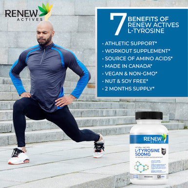 Renew Actives Potent L-Tyrosine Supplement For Amino Acid Support | Boost Muscle Protein Synthesis, Enhance Health & Well Being | 500Mg, 120 Capsules