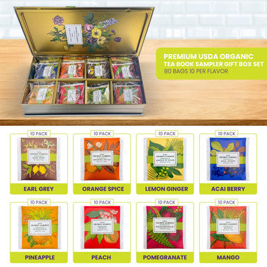 Elephant Park Premium Organic Tea Bag 80 Pack Sampler Designer Tin Book Set 10 Per Flavor Assorted Variety Exotic Fruit Herbal Black And Green Teas Individually Wrapped (8 Flavors)
