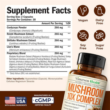 Mushroom 10x Complex with Lions Mane Extract Turkey Tail Cordyceps Reishi Shiitake Chaga & Maitake for Cognitive Support Vegan Mushroom Supplement Blend for Natural Energy & Focus 60 Capsules