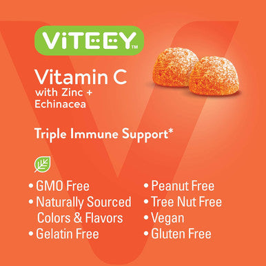 Vitamin C Gummies For Adults & Teens With Zinc & Echinacea - Immune Support Gummies - Immune Booster - Vegan, Gelatin Free, Gluten Free, Gmo - Tasty Vitamin C Chewable Orange Flavored Gummy