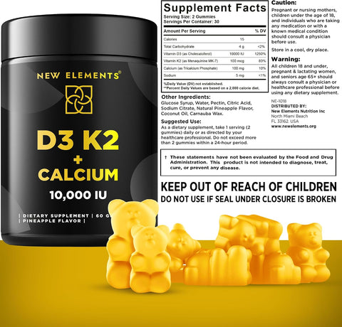 Elements Vitamin D3 K2 Gummies 10000 Iu With Calcium 100Mg - Vit D3 For Adults - Mk7 Vitamin K2 100Mcg - Vitamin D Supplement For Men & Women - Vegan Gluten Non-Gmo