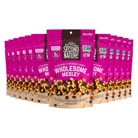 Second Nature Wholesome Medley Trail Mix - 12 Count, 2.25 oz Individual Snack Packs, Certified Gluten-Free Ã¢â‚¬â€œ Dark Chocolate, Dried Fruit and Nut Trail Mix, Ideal for Travel Snacks