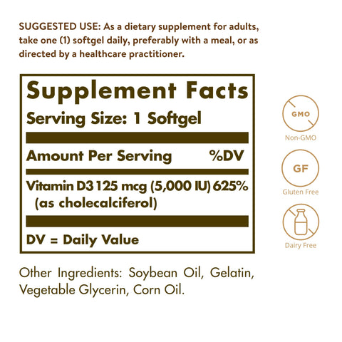 Solgar Vitamin D3 (Cholecalciferol) 125 Mcg (5000 Iu) 100 Softgels - Helps Maintain Healthy Bones & Teeth - Immune System Support - Non-Gmo Gluten Free Dairy Free 100 Servings