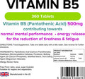 Lindens Vitamin B5 500mg Tablets - 360 Pack - 7666% Nrv Dose Contributes Towards Mental Performance, Normal Metabolism & Reduction of Tiredness - UK Manufacturer, Letterbox Friendly