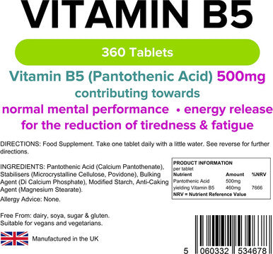 Lindens Vitamin B5 500mg Tablets - 360 Pack - 7666% Nrv Dose Contributes Towards Mental Performance, Normal Metabolism & Reduction of Tiredness - UK Manufacturer, Letterbox Friendly