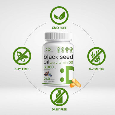 Deal Supplement Black Seed Oil 3000mg with Vitamin D3 2000IU 240 Softgels | Cold-Pressed Nigella Sativa Naturally Occurring Thymoquinone (TQ) | Immune Heart Joint & Bone Health Support