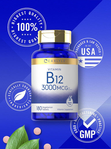 Carlyle Vitamin B-12 3000mcg | 180 Tablets for Adults | Vegetarian Non-GMO & Gluten Supplement
