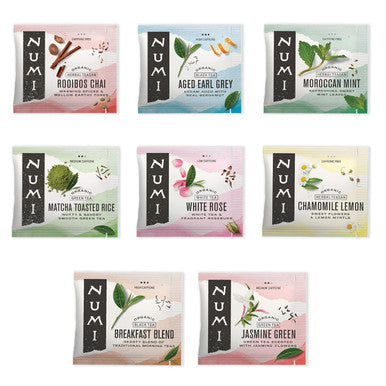 Numi Organic Tea Mini Sampler Variety Pack 8 Count Box Assorted Black Tea Green Tea White Tea Herbal Tea Bags